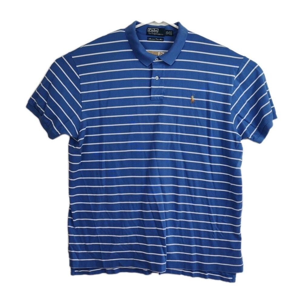 Polo by Ralph Lauren 1/4-Button Men's Polo Shirt, XXL, Blue w/‎ White Stripes
